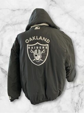 Vtg 90s Oakland Raiders Starter Parka Heavy Puffer Zip Off Hood Mens XL Korea